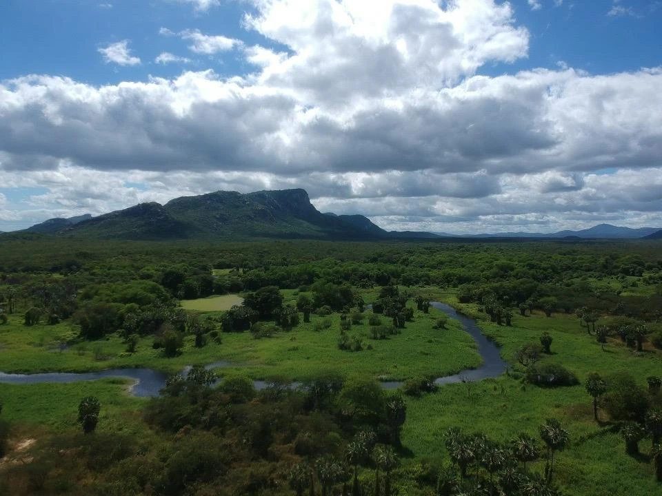 Fotografia real da propriedade: paisagem, água, vegetação e serras